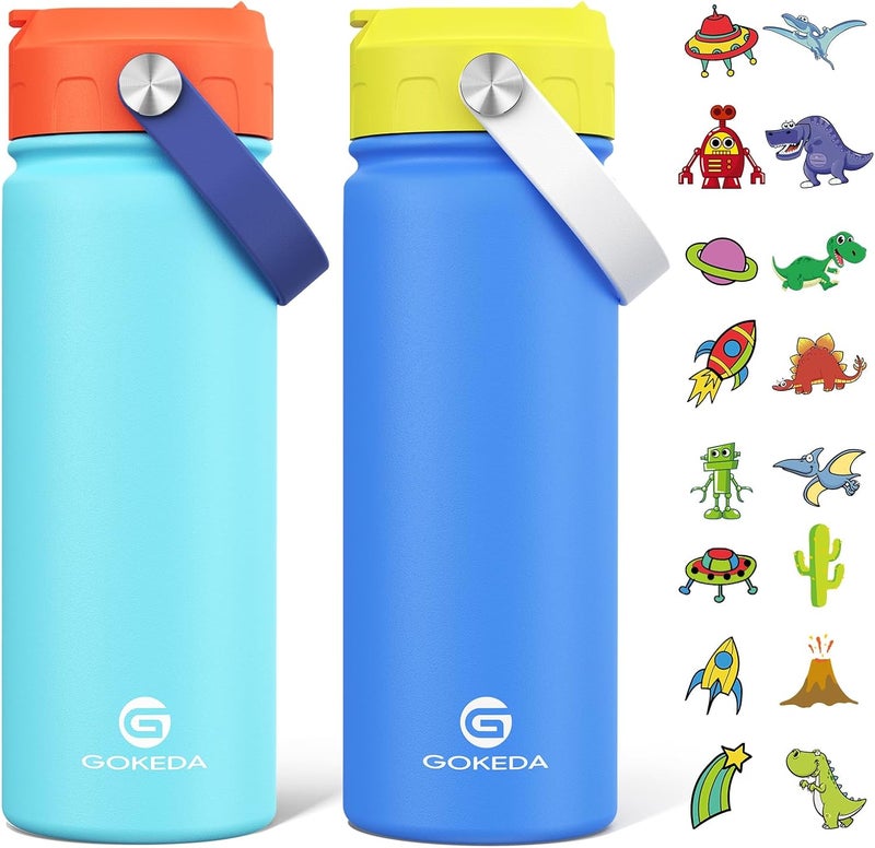 GOKEDA 18oz Kids Water Bottle, 2 Pack Insulated Bottles with Stickers, 18/8 Stainless Steel Vacuum Leak Proof Straw Cup for School, Gifts for Boys Girls(Yellowe+Orange) - Image 1